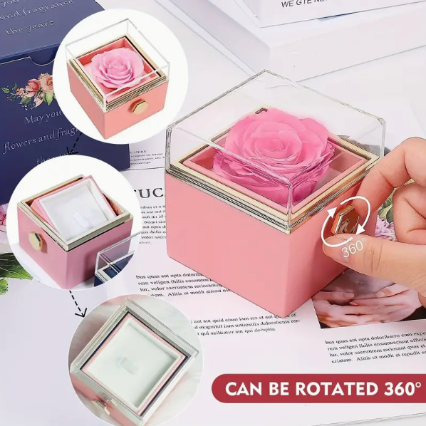 Preserved Real Rose Rotating Surprise Jewellery Box Blue